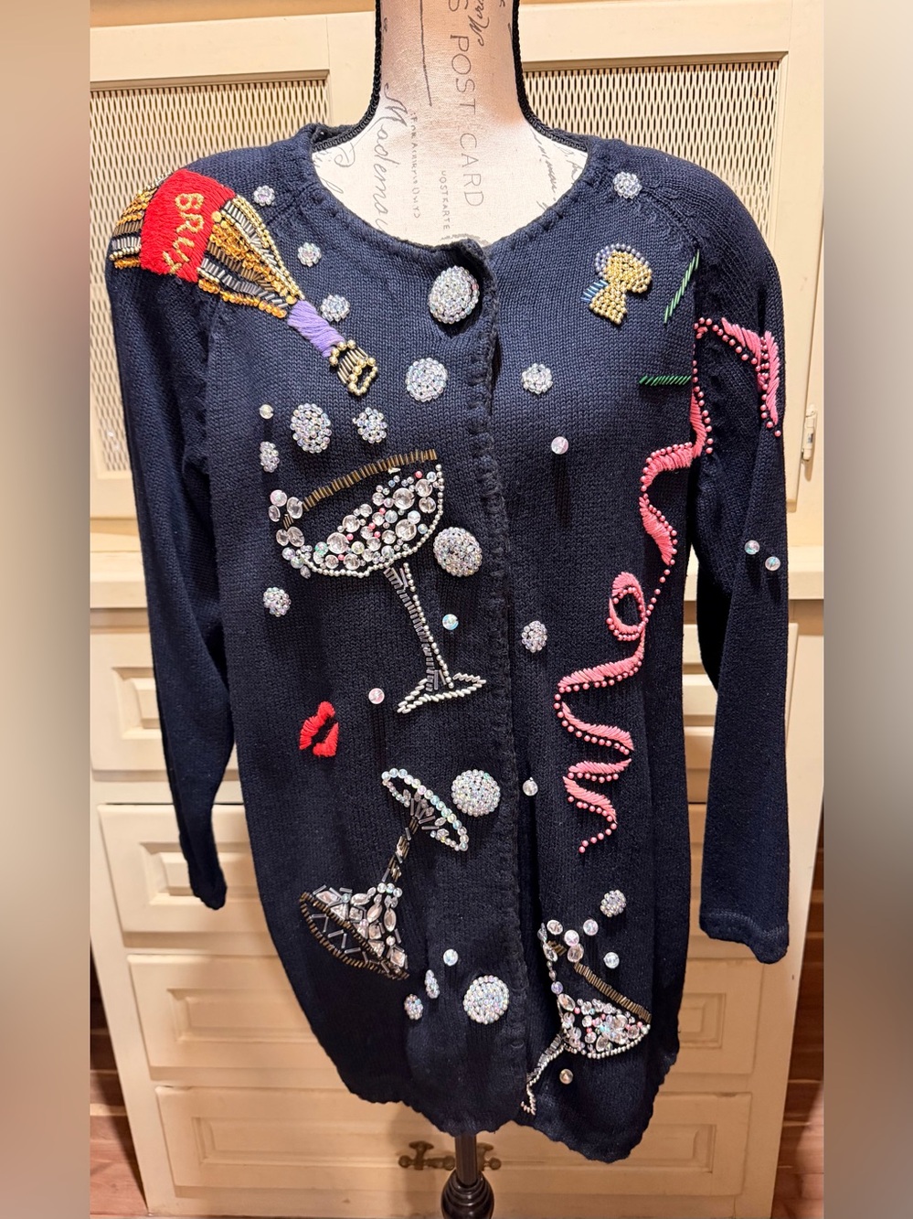 VTG 1991 Michael Simon Champagne New Years Eve Beaded Cardigan Sweater